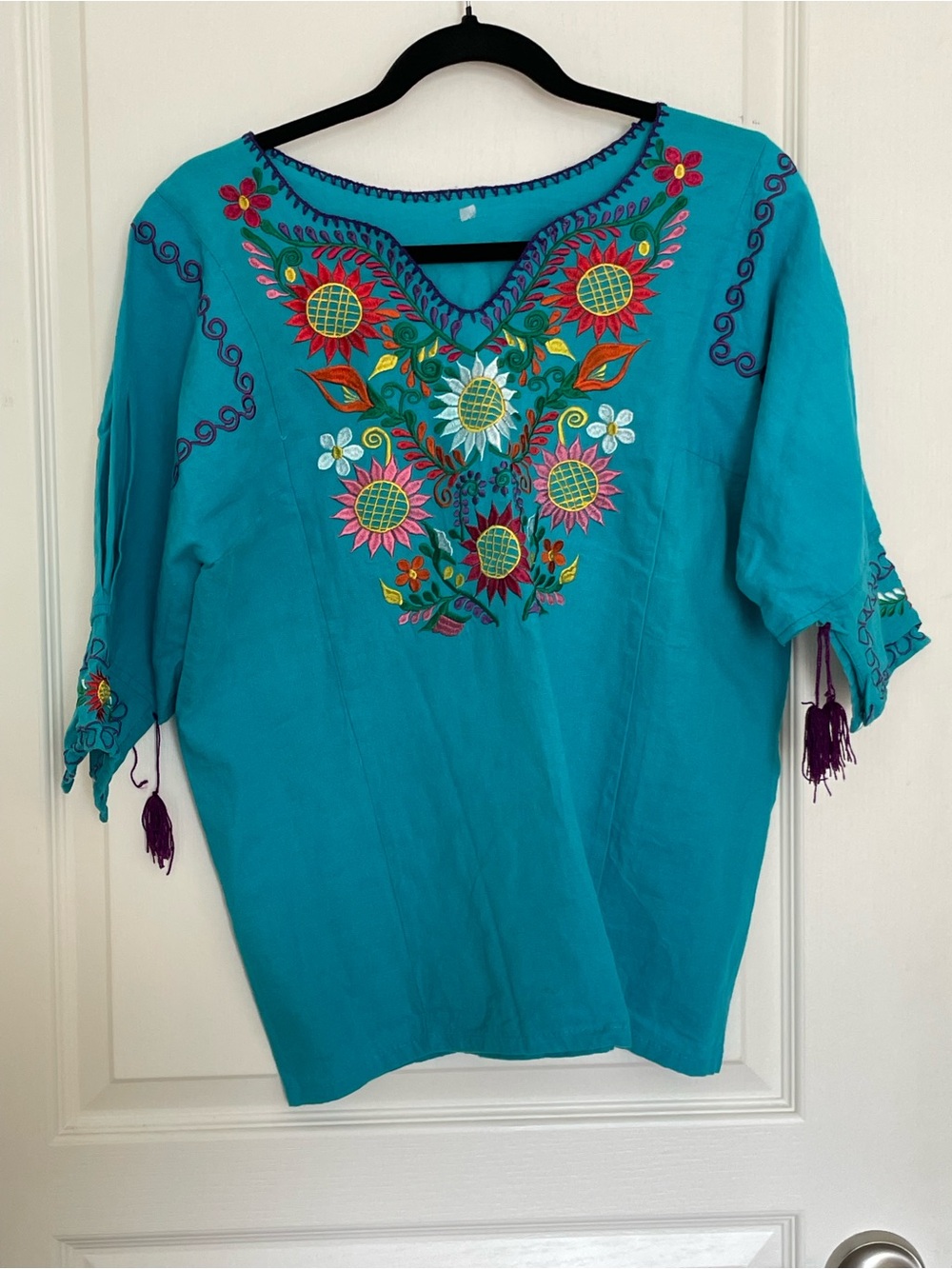 Embroidered Teal Women's Peasant Top - Brand: